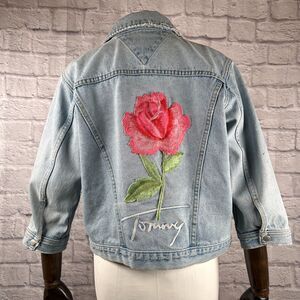 VTG 80s Tommy Hilfiger Upcycled Denim Jacket Womens Small 3/4 Sleeves Cropped